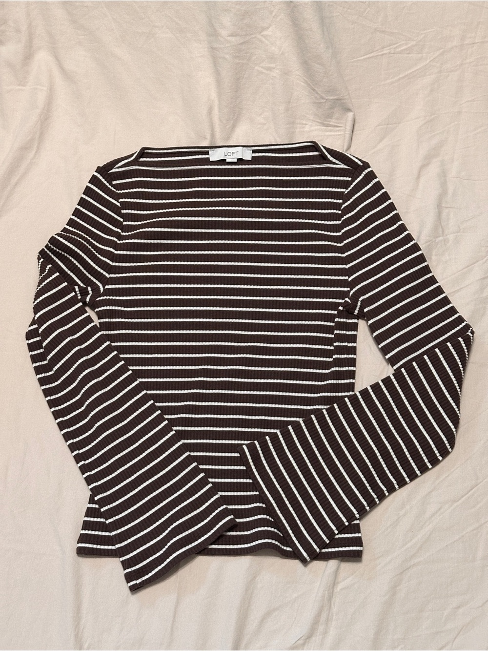 LOFT Brown and White Striped Ribbed Long-Sleeve Top